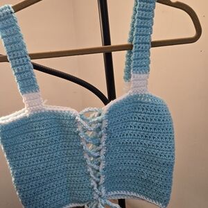 Sky Blue and White Crochet Crop Top